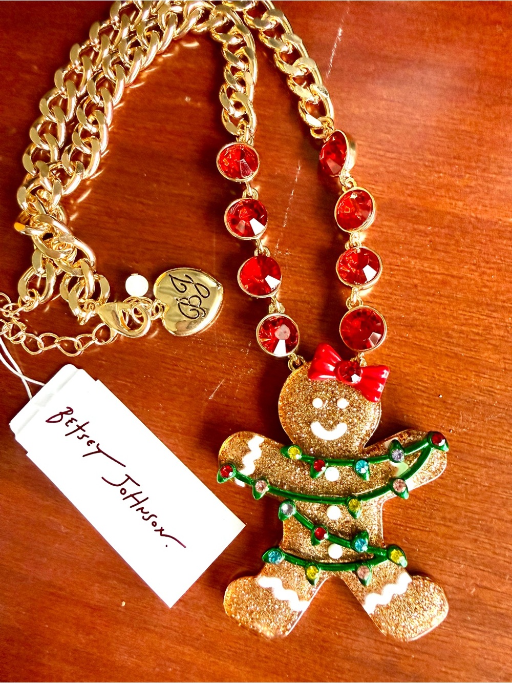 NWT Betsey Johnson Gold Gingerbread Pendant Necklace with Red Crystals